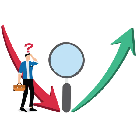 Homme d'affaires regardant d'un air interrogateur les flèches haut et bas à gauche et à droite de la loupe  Illustration
