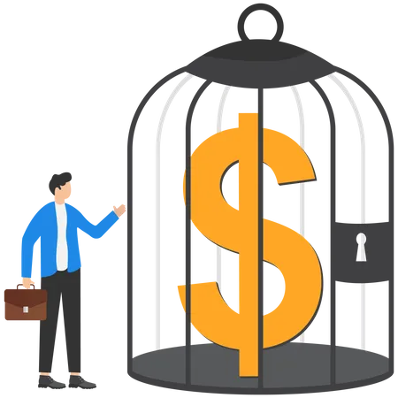 Homme d'affaires regardant le signe dollar à l'intérieur de la cage  Illustration