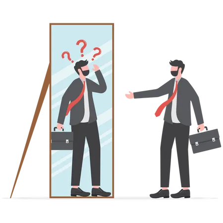 Homme d'affaires regardant lui-même l'ombre à travers un miroir pour l'anxiété  Illustration