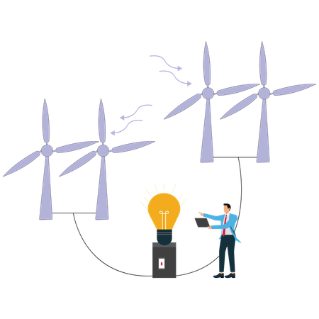 Homme d'affaires regardant un moulin à vent à énergie renouvelable  Illustration