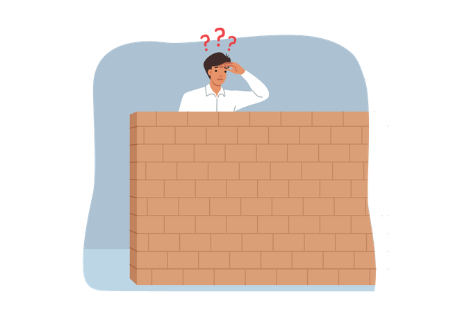 Un homme d'affaires regarde derrière une barrière de pierre à la recherche de nouvelles opportunités  Illustration