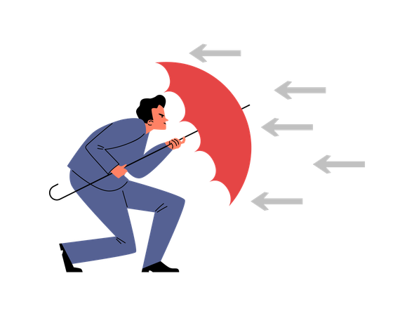Un homme d'affaires rusé se cache des flèches derrière un parapluie ouvert  Illustration