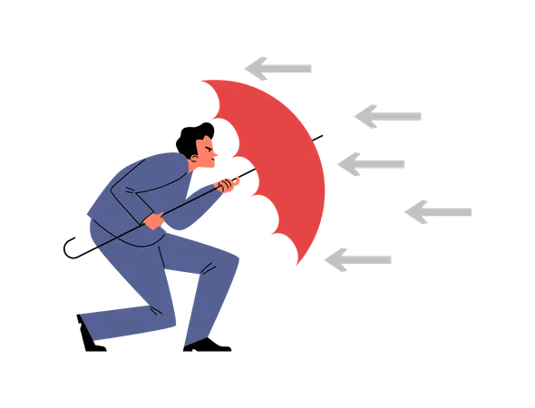 Un homme d'affaires rusé se cache des flèches derrière un parapluie ouvert  Illustration