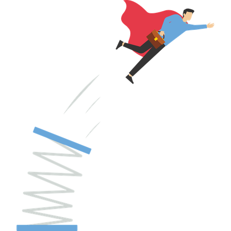 Saut en hauteur d'homme d'affaires avec tremplin.  Illustration