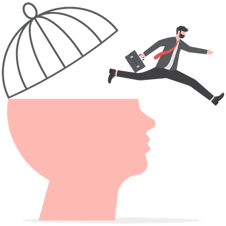 Homme d'affaires sautant du passage à un état d'esprit fixe différent à un état d'esprit de croissance sur la tête humaine  Illustration