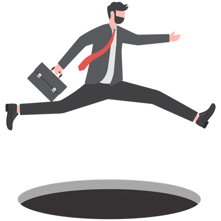 Homme d'affaires sautant par-dessus un trou avec confiance  Illustration
