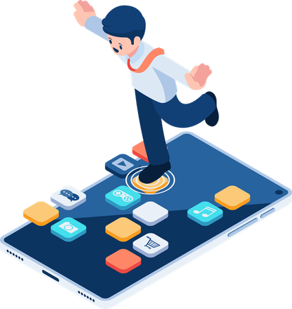 Homme d'affaires sautant sur une application pour smartphone  Illustration