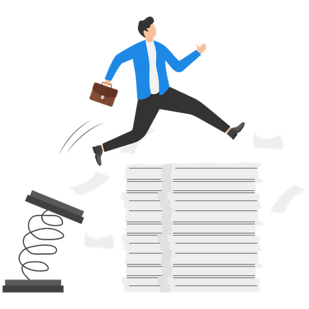 Un homme d'affaires saute au saut à la perche sur un document occupé  Illustration