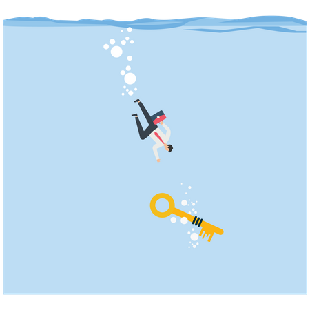Un homme d'affaires saute à la mer pour trouver la clé  Illustration
