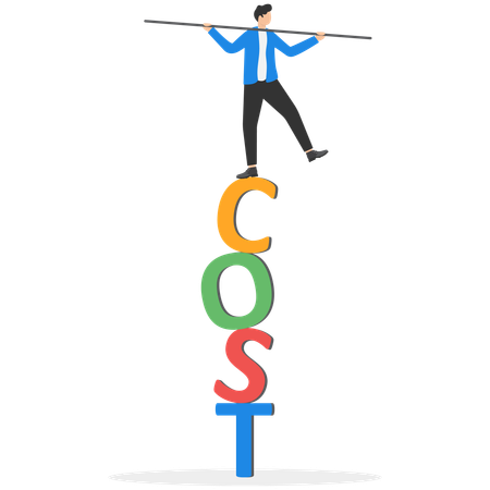 Un homme d'affaires se tient debout sur COST tout en évaluant l'attractivité des projets d'investissement  Illustration