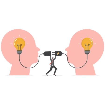 Homme d'affaires se connecte pour éclairer l'idée d'une ampoule sur la tête humaine  Illustration