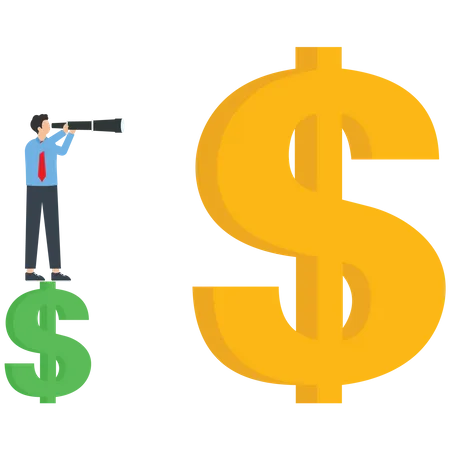 L'homme d'affaires se tient sur le dollar avec le télescope regardant le plus gros dollar  Illustration