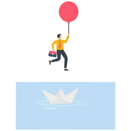 Un homme d'affaires s'échappe d'un bateau en papier en train de couler grâce à un ballon rouge  Illustration