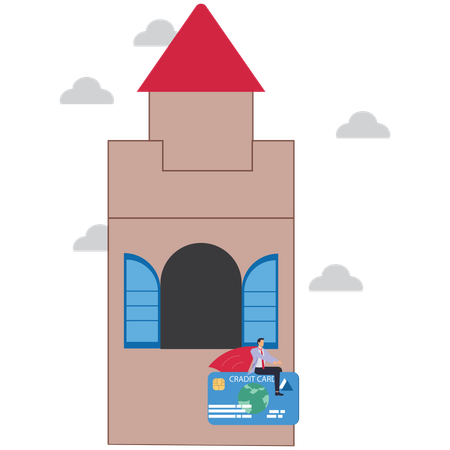 Un homme d'affaires s'envole par la fenêtre d'un château avec une carte de crédit  Illustration