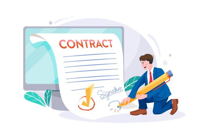 Homme d'affaires signant un contrat commercial en ligne  Illustration