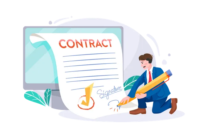 Homme d'affaires signant un contrat commercial en ligne  Illustration