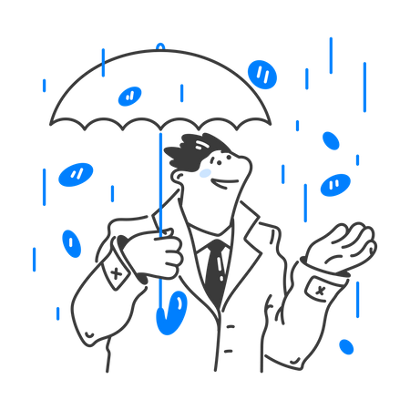 Homme d'affaires sous la pluie d'argent avec un parapluie  Illustration
