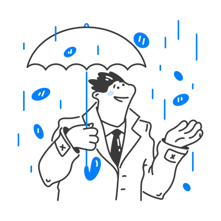 Homme d'affaires sous la pluie d'argent avec un parapluie  Illustration