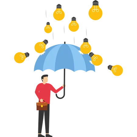 Homme d'affaires sous parapluie et ampoule de pluie  Illustration