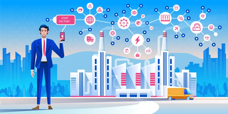 Un homme d’affaires lance une industrie intelligente  Illustration