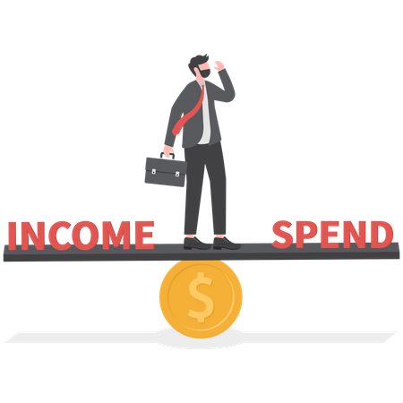 Homme d'affaires stressant debout sur la balançoire déséquilibrée entre revenus et dépenses  Illustration