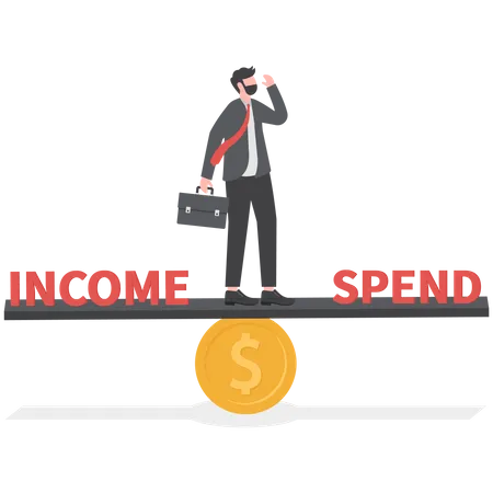 Homme d'affaires stressant debout sur la balançoire déséquilibrée entre revenus et dépenses  Illustration
