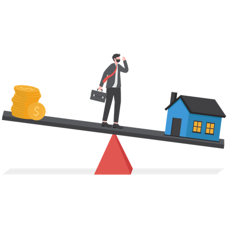 Homme d'affaires stressant debout sur la balançoire déséquilibrée entre les revenus et les dépenses de logement  Illustration