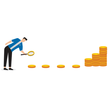Homme d'affaires suivant les points de la monnaie avec une loupe  Illustration