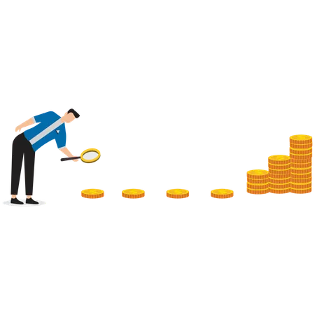 Homme d'affaires suivant les points de la monnaie avec une loupe  Illustration