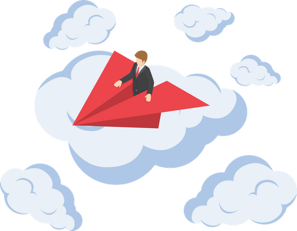 Homme d'affaires sur un avion en papier au-dessus du nuage  Illustration