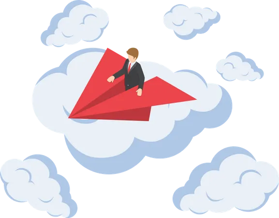 Homme d'affaires sur un avion en papier au-dessus du nuage  Illustration