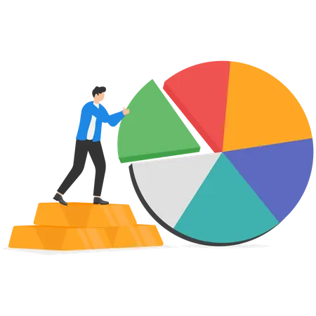 Un homme d'affaires sur une échelle organise un diagramme circulaire pour rééquilibrer le portefeuille d'investissement en fonction du risque et du rendement  Illustration