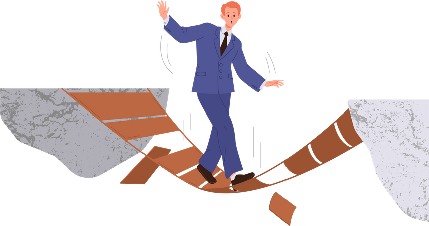 Homme d'affaires surmontant la gorge marchant sur un pont en bois cassé entre une falaise rocheuse  Illustration