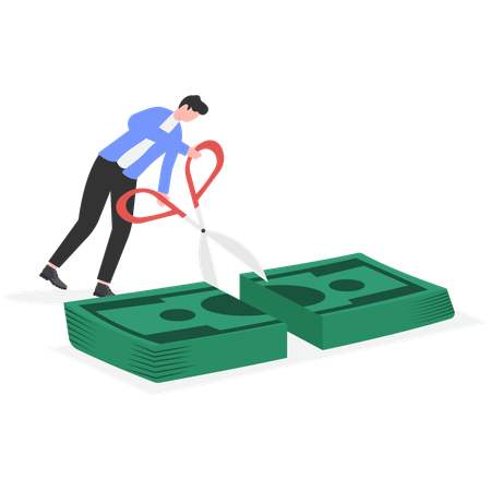 Homme d'affaires tenant des ciseaux à la main tout en coupant du papier-monnaie  Illustration