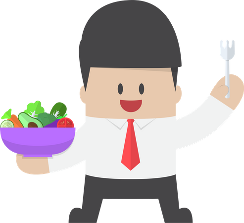 Homme d'affaires tenant un bol à salade de légumes et une fourchette à portée de main  Illustration