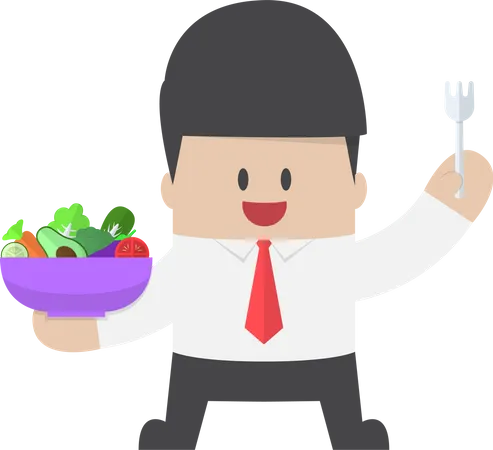 Homme d'affaires tenant un bol à salade de légumes et une fourchette à portée de main  Illustration