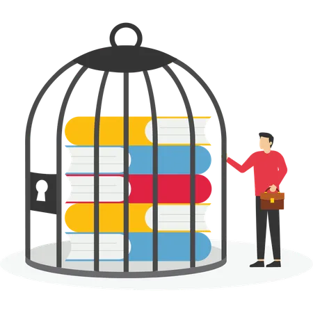 Homme d'affaires gardant des livres en cage  Illustration