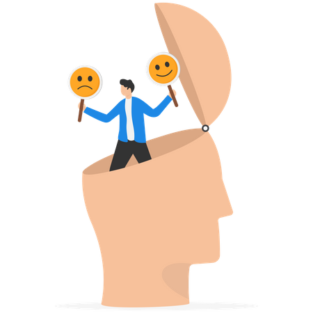 Homme d'affaires tenant le sourire et le signe du visage triste  Illustration