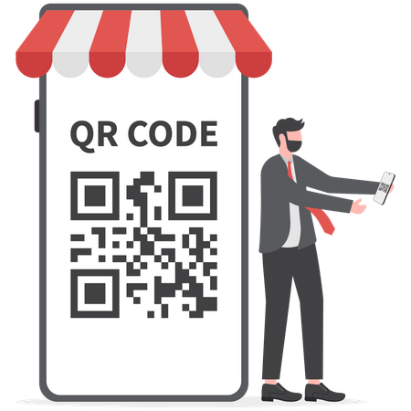 Un homme d'affaires détenant un smartphone utilise le paiement par code QR  Illustration