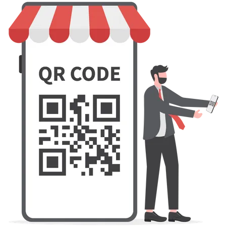 Un homme d'affaires détenant un smartphone utilise le paiement par code QR  Illustration