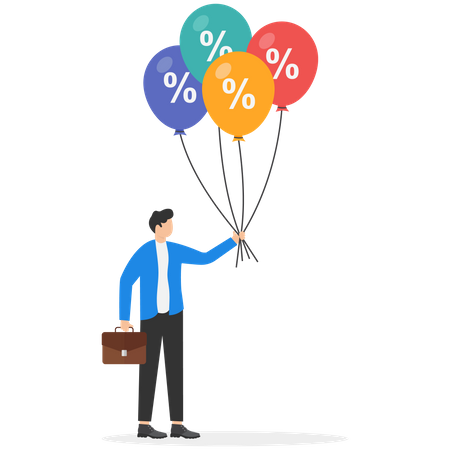 Homme d'affaires tenant un ballon de hausse des taux d'intérêt en raison de la hausse du pourcentage d'inflation mondiale  Illustration