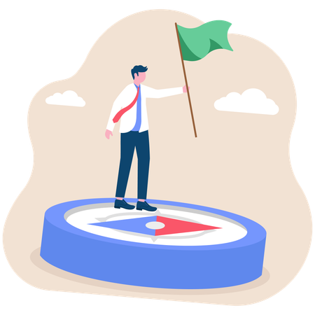 Homme d'affaires tenant un drapeau sur une grande boussole d'entreprise courant dans la direction  Illustration