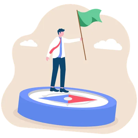 Homme d'affaires tenant un drapeau sur une grande boussole d'entreprise courant dans la direction  Illustration