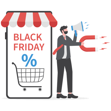 Homme d'affaires tenant un mégaphone et attirant le client pour la vente du Black Friday  Illustration