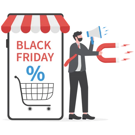 Homme d'affaires tenant un mégaphone et attirant le client pour la vente du Black Friday  Illustration