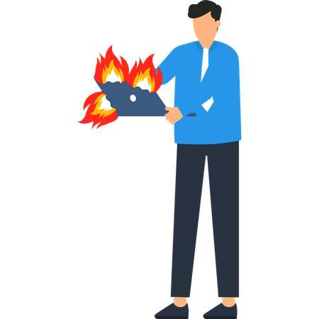 Homme d'affaires tenant un ordinateur portable en feu  Illustration