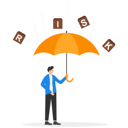 Homme d'affaires tenant un parapluie pour se protéger contre les mots de RISQUE  Illustration