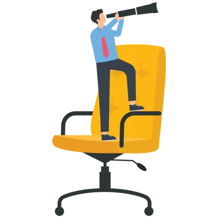 Homme d'affaires tenant un télescope debout sur une chaise à la recherche d'un nouvel emploi  Illustration