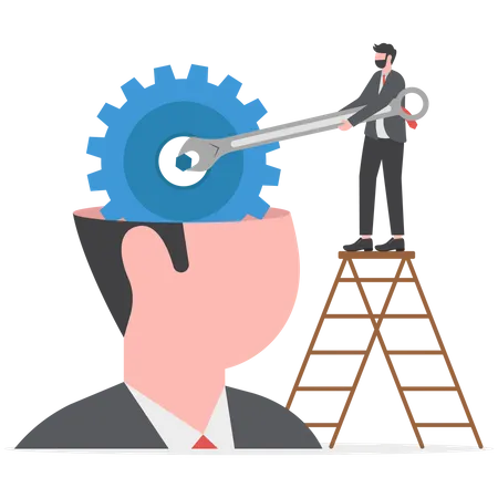 Businessman holding clé sur l'échelle au-dessus de l'homme géant tête ouverte avec engrenage  Illustration