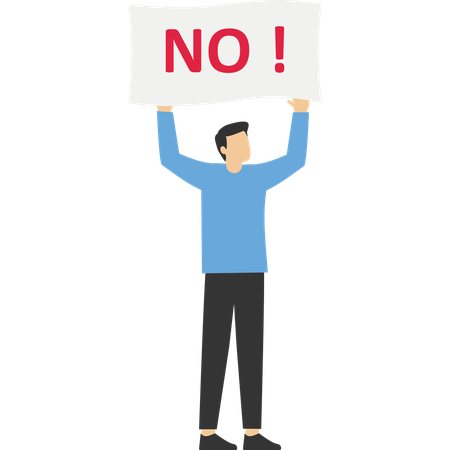 Homme d'affaires tenant une pancarte avec le mot NON avec une forte impression de refus  Illustration